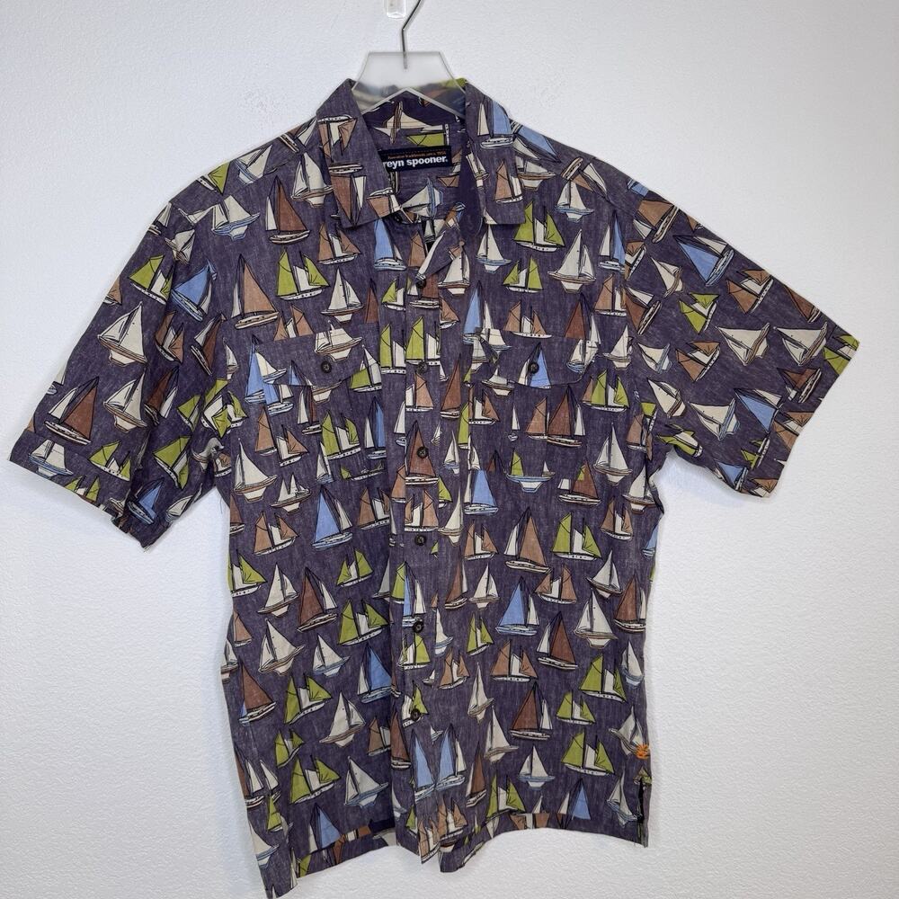 Reyn Spooner Mens Hawaiian Shirt Size XL Purple Sailboat Nautical Beach Resort